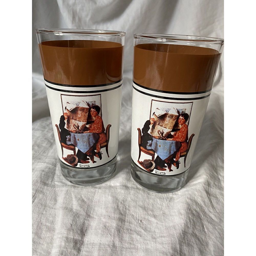 NORMAN ROCKWELL “Breakfast Table/Behind The News” Set Of 2 Drinking Glasses